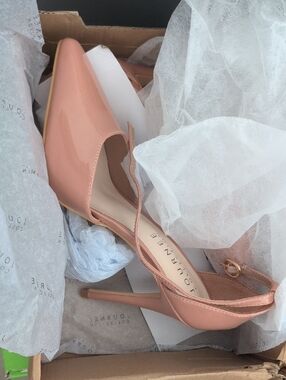 Pointed Toe Ankle Strap Heels in Blush Patent